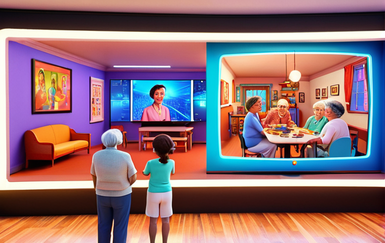 **
Prompt: *Abuela using VR for memory training, bright colors, futuristic senior center, holographic display showing family photos, warm lighting, emphasizing cognitive stimulation. Style: Pixar animation.*
**
