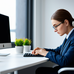A professional, focused individual, fully clothed in a modest business suit, sits attentively at a clean, modern desk in a brightly lit, professional office. On the desk, there are elements symbolizing cognitive enhancement like a bowl of colorful fresh berries and a stack of professional books. The person is engaged in deep thought, looking at a computer screen with an expression of calm concentration. The background is a blurred, organized office space.