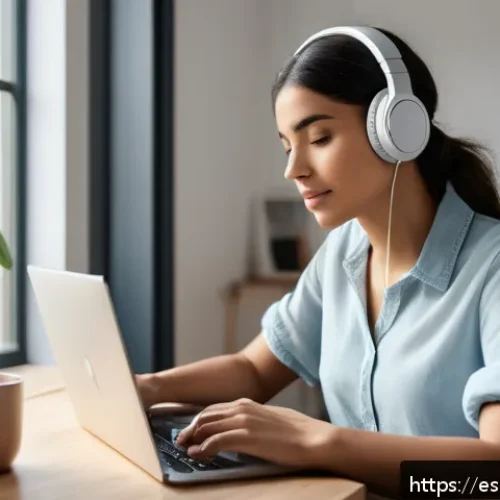 Home 32 인지능력 증강 기술의 심리적 효과 - A young Hispanic adult woman wearing wireless noise-cancelling headphones, sitting at a modern home ...