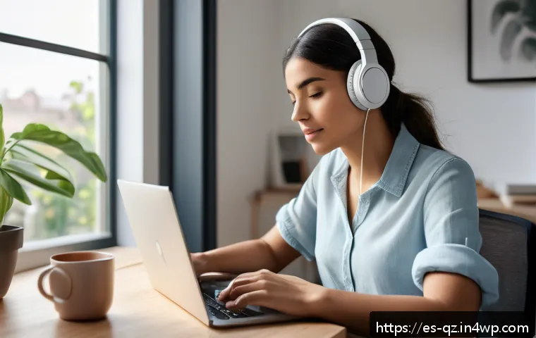 인지능력 증강 기술의 심리적 효과 - A young Hispanic adult woman wearing wireless noise-cancelling headphones, sitting at a modern home ...
