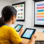 Home 19 인지능력 증강을 위한 멀티미디어 사용 - A modern Spanish classroom setting with diverse young adult students attentively learning using colo...