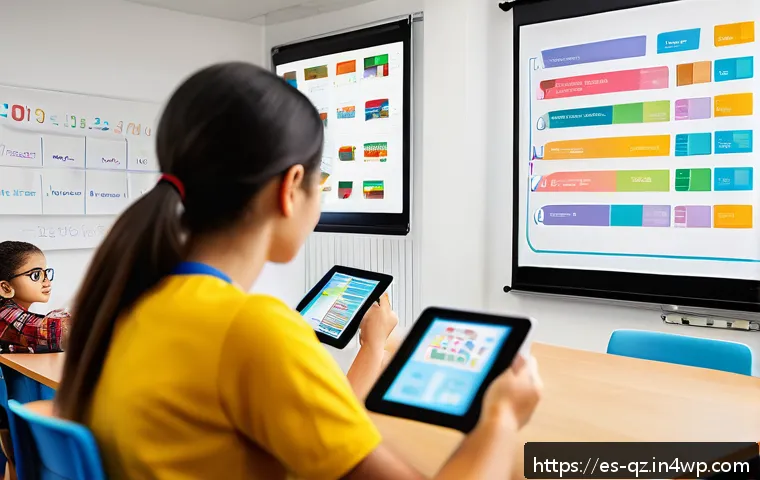 인지능력 증강을 위한 멀티미디어 사용 - A modern Spanish classroom setting with diverse young adult students attentively learning using colo...