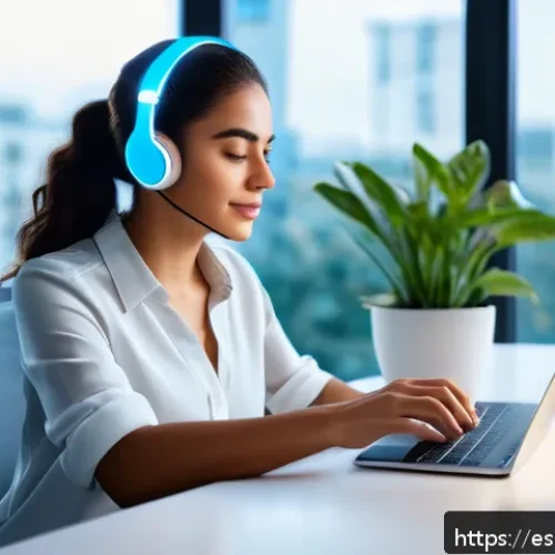 Home 30 인지능력 증강 기술의 사회적 영향 - A modern home office scene with a young Hispanic professional using a sleek voice-activated smart as...
