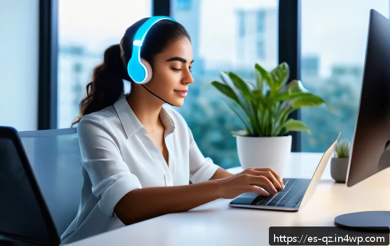 인지능력 증강 기술의 사회적 영향 - A modern home office scene with a young Hispanic professional using a sleek voice-activated smart as...
