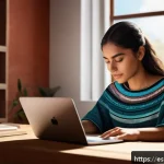 Home 23 AI 기술과 인지능력 증강의 시너지 효과 - A futuristic study environment showing a young adult Hispanic woman using a virtual assistant device...